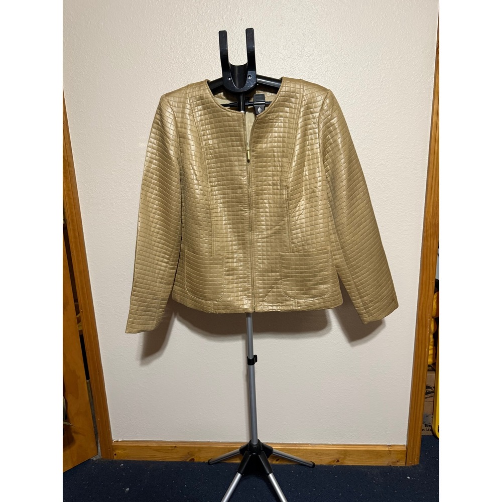 Valerie Stevens Womens XL Gold Faux Leather Quilted Grid Zip Front Jacket Coat